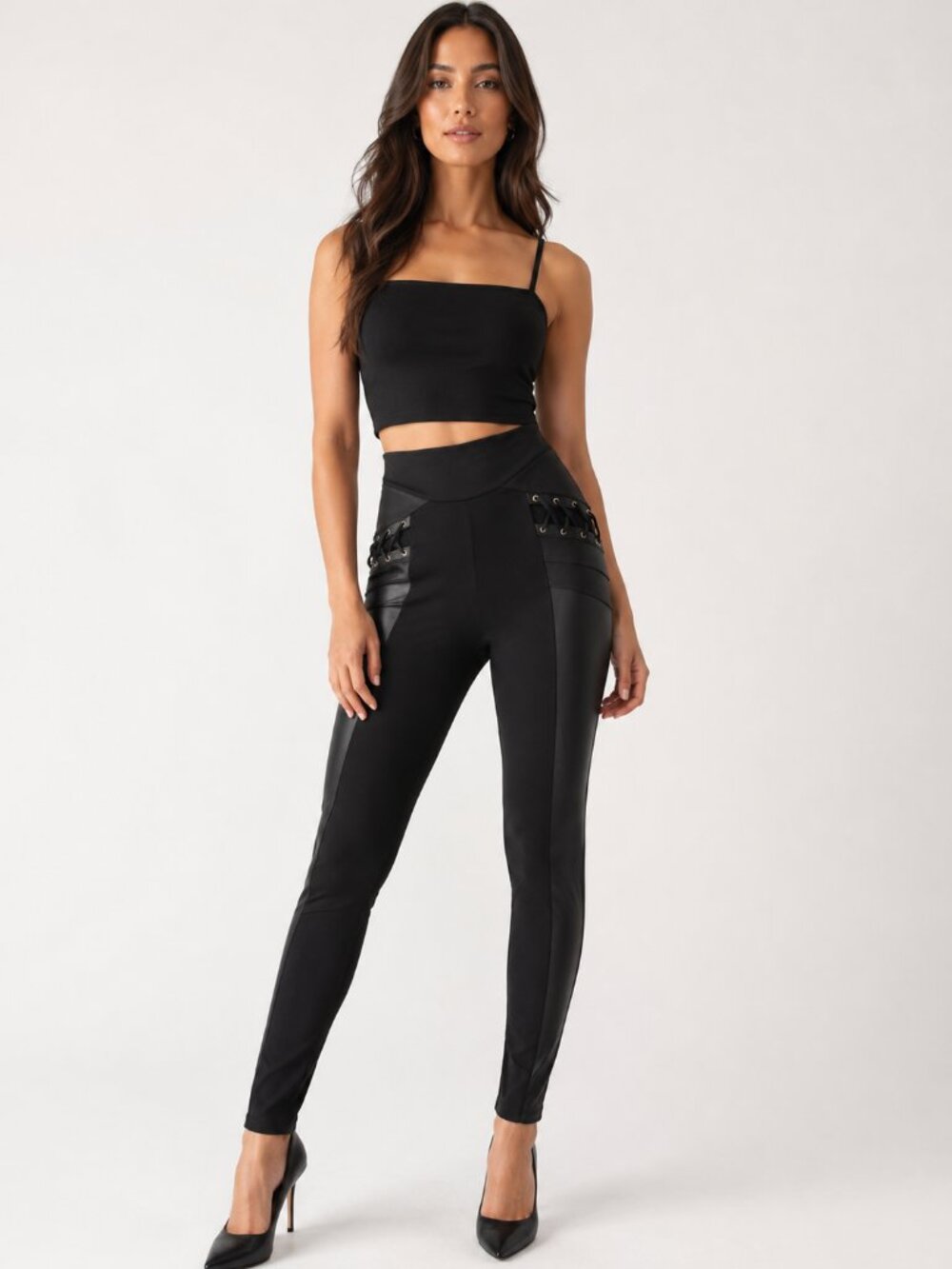 Bisou Bisou Black Lace Up Ponte Skinny Pants Leggings Size M